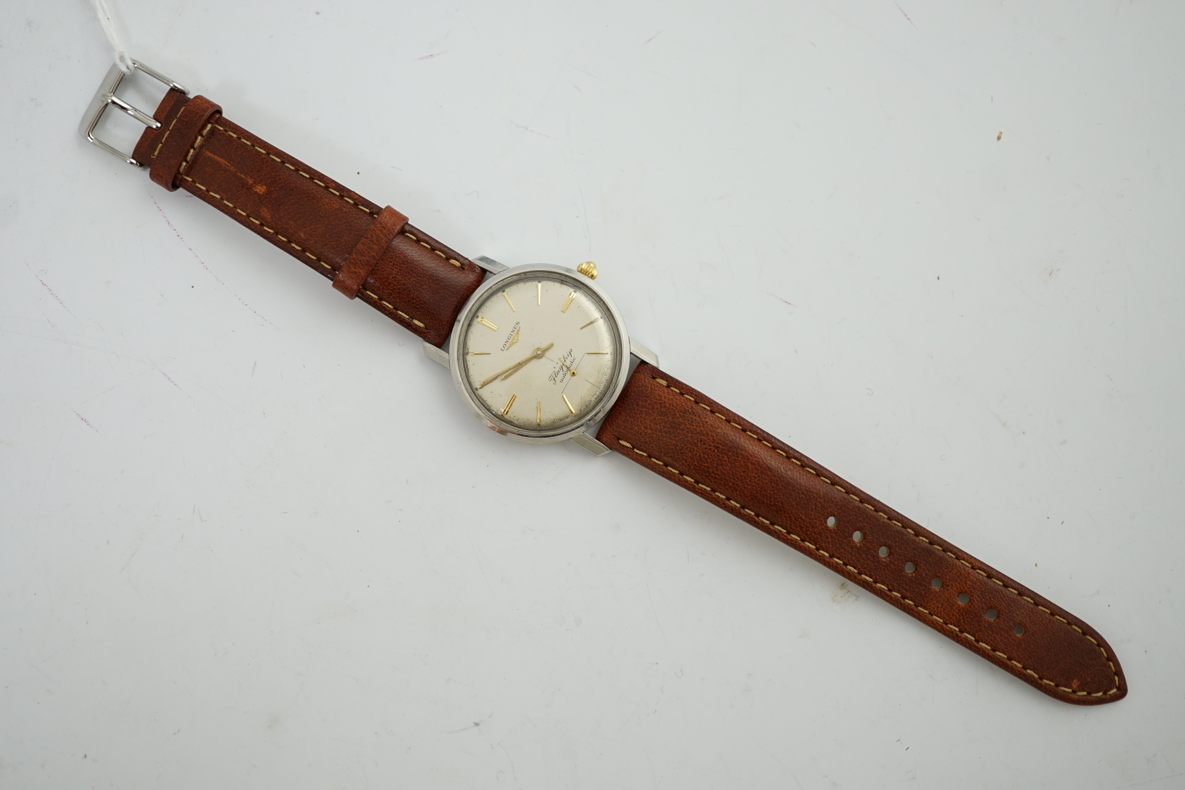 A gentleman's stainless steel Longines Flagship automatic wrist watch, on a later associated leather strap